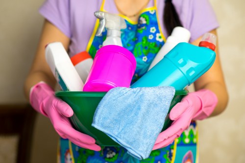 Carpet cleaner preparing equipment safely inside a home