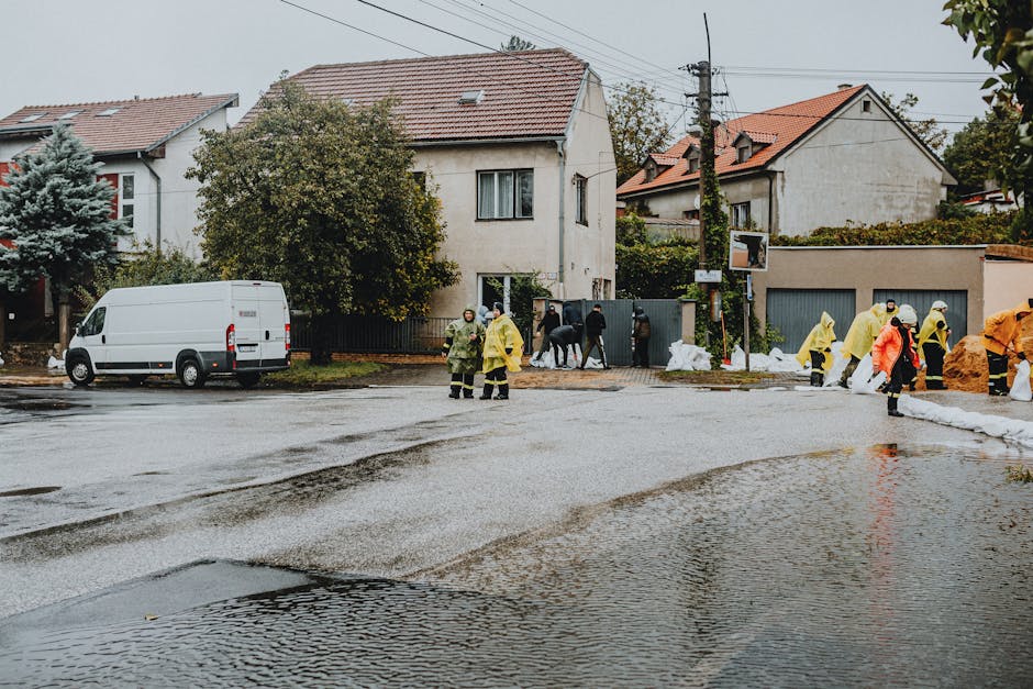 Image of a residential street with several houses and trees, where a team of workers dressed in yellow and orange protective suits are engaged in emergency cleaning and stain removal. Some individuals